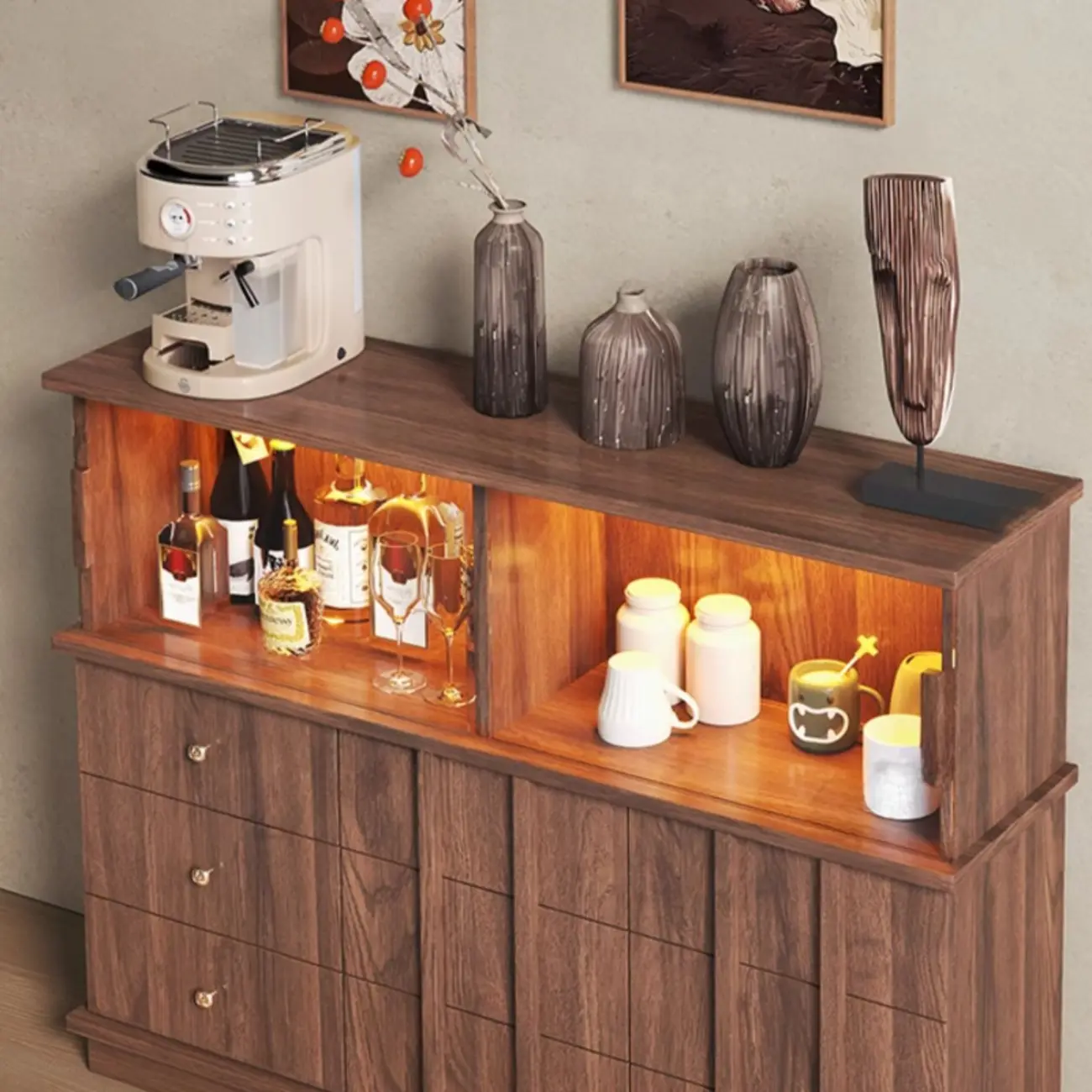 Modern Nut-brown Freestanding Wood Wine Bar Cabinet
