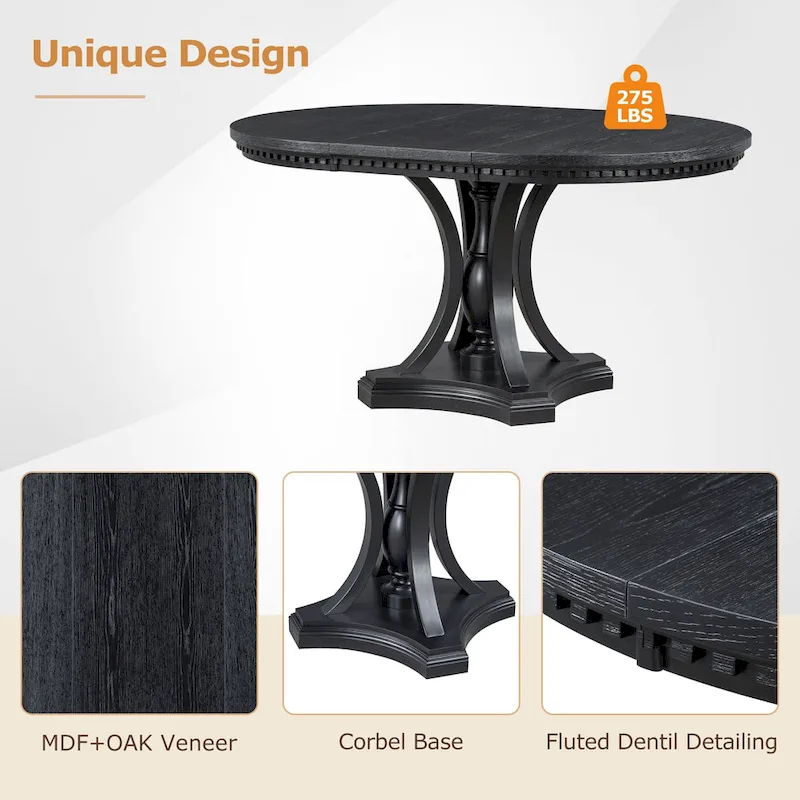 Black 5-Piece Wooden Dining Table Set with Extendable Round Table & 4 Armchairs