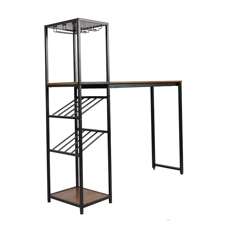 Flash Furniture Jura Metal Bar and Wine Table with 2 Slanted Shelves for Bottle Storage and Hanging Glass Storage