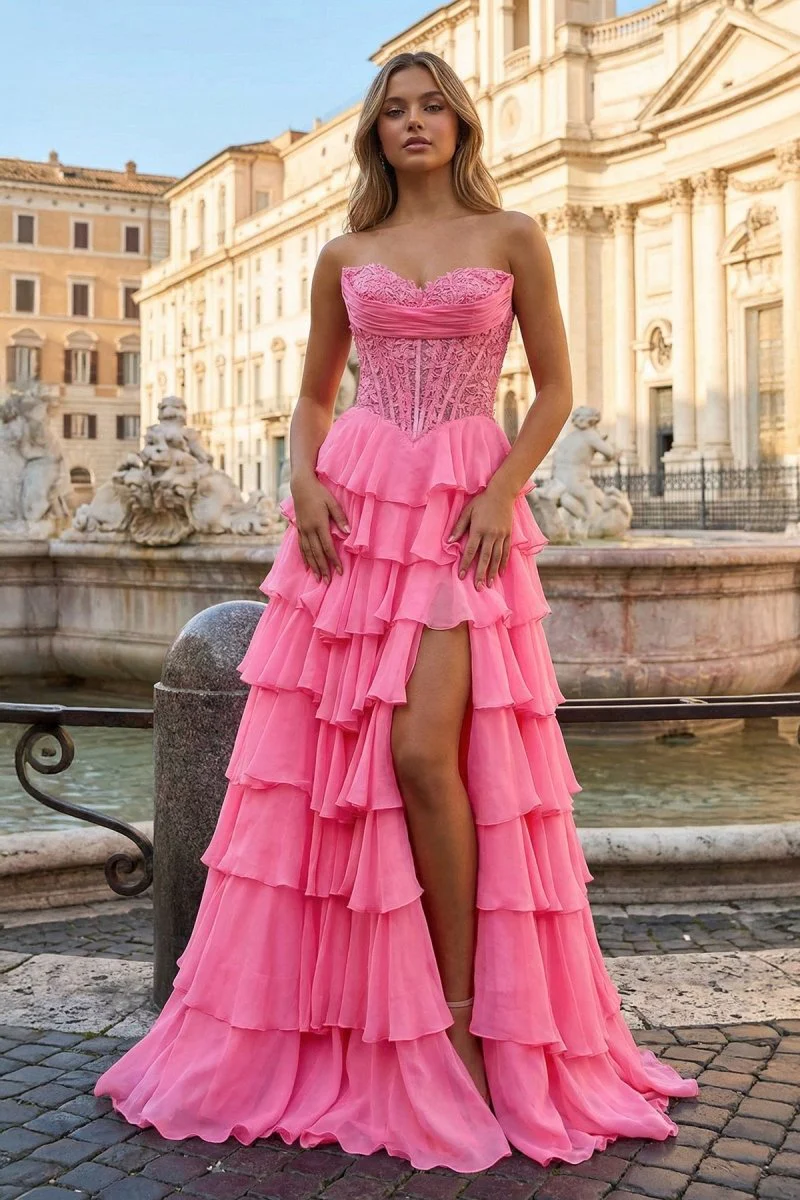 Hot Pink - Strapless A Line Chiffon Ruffled Prom Dresses With Appliques