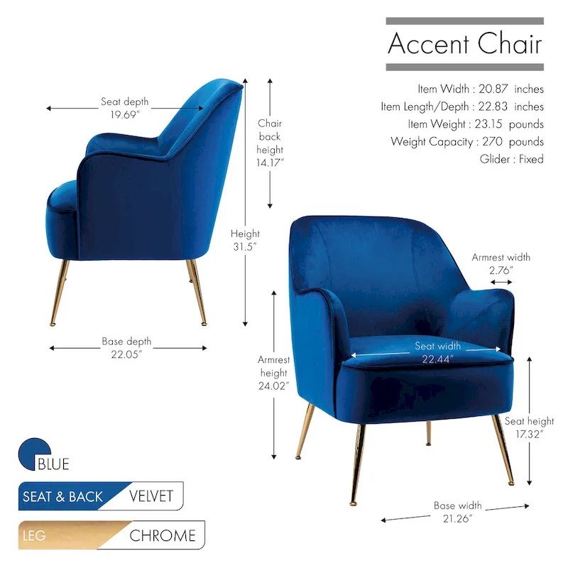 Velvet Upholstered Accent Chair with Gold Chrome Legs
