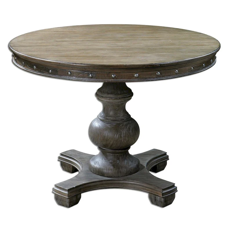 Light Grey Washed Round Wood Accent Table with Carved Apron & Silver Nail Accents
