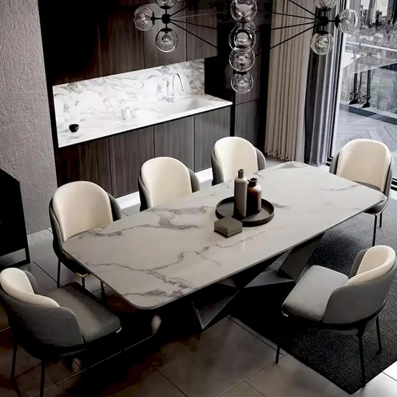White Sintered Stone Dining Table with Steel Base