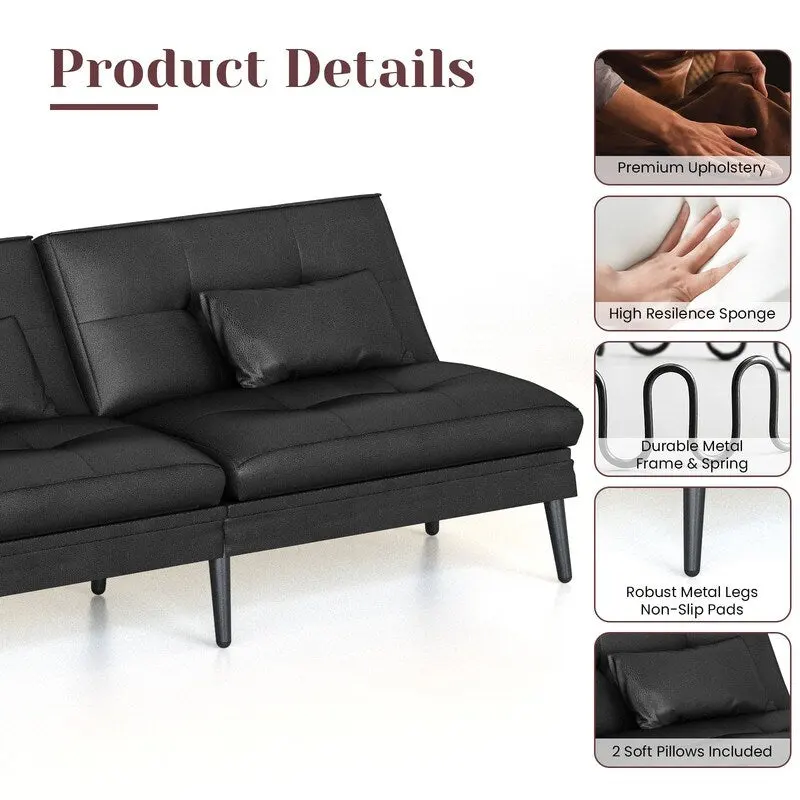 Grondin Convertible Futon Sofa Bed, 5-Angle Adjustable Backrest Sleeper Couch with 2 Pillows, Modern Style Recliner Lounge