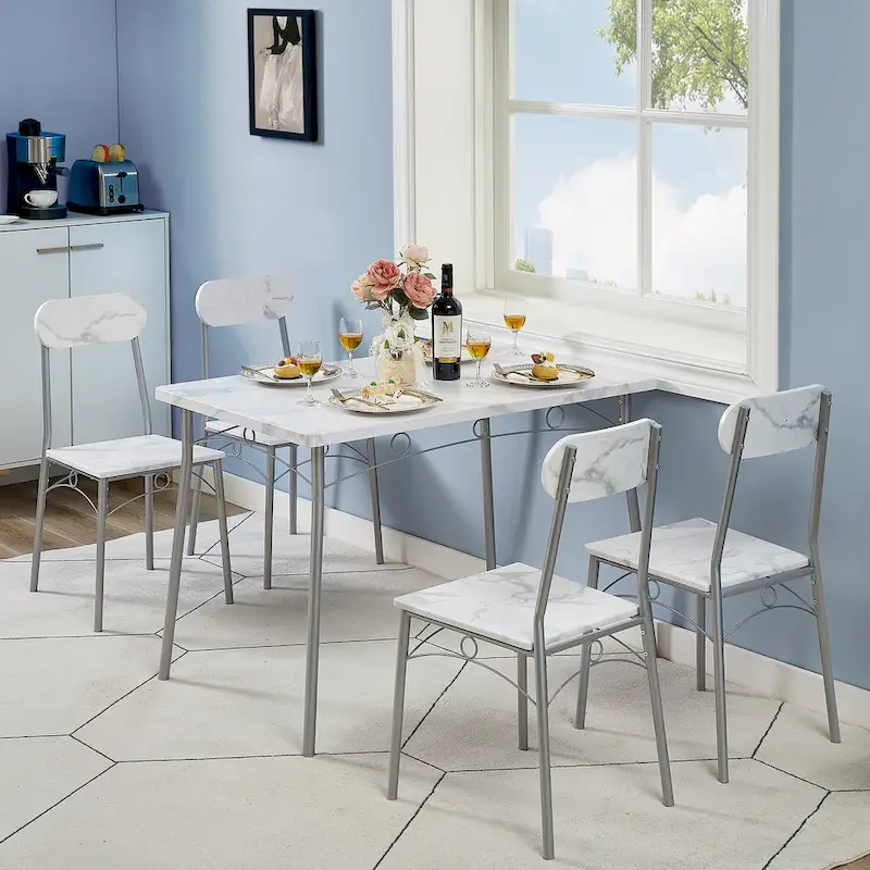 VECELO Dining Table Set, Kitchen Table with 2/4 Chairs, Metal and Wood Rectangular 3/5-Piece Dining Set