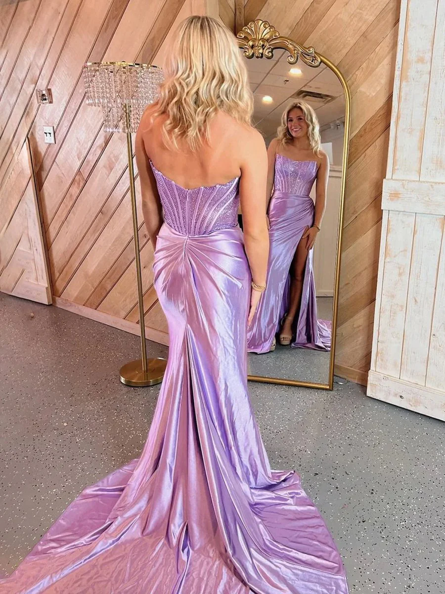 Lilac Strapless Satin Sheath Long Prom Dresses with Slit