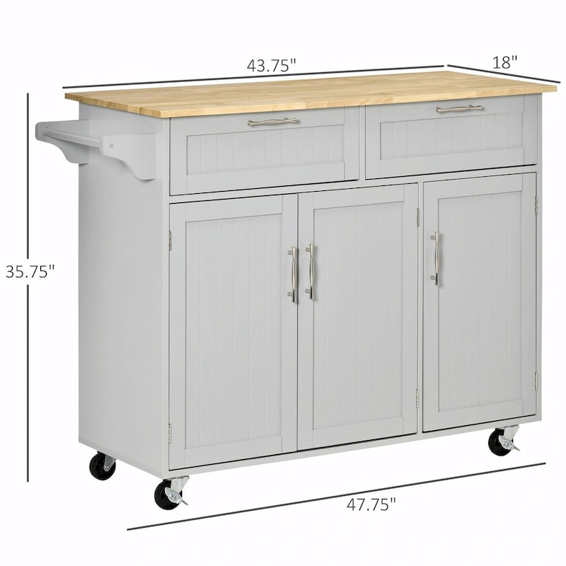 Mobile Kitchen Island with Wood Top, Drawers, Cabinets, Adjustable Shelves, and Towel Rack