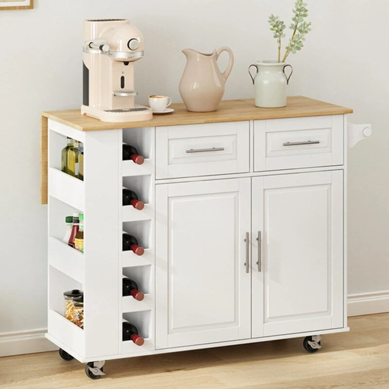 46.46Multi-Functional Kitchen Island Cart with Spice Rack,Wine Rack,Towel Holder and Foldable Rubberwood Table Top