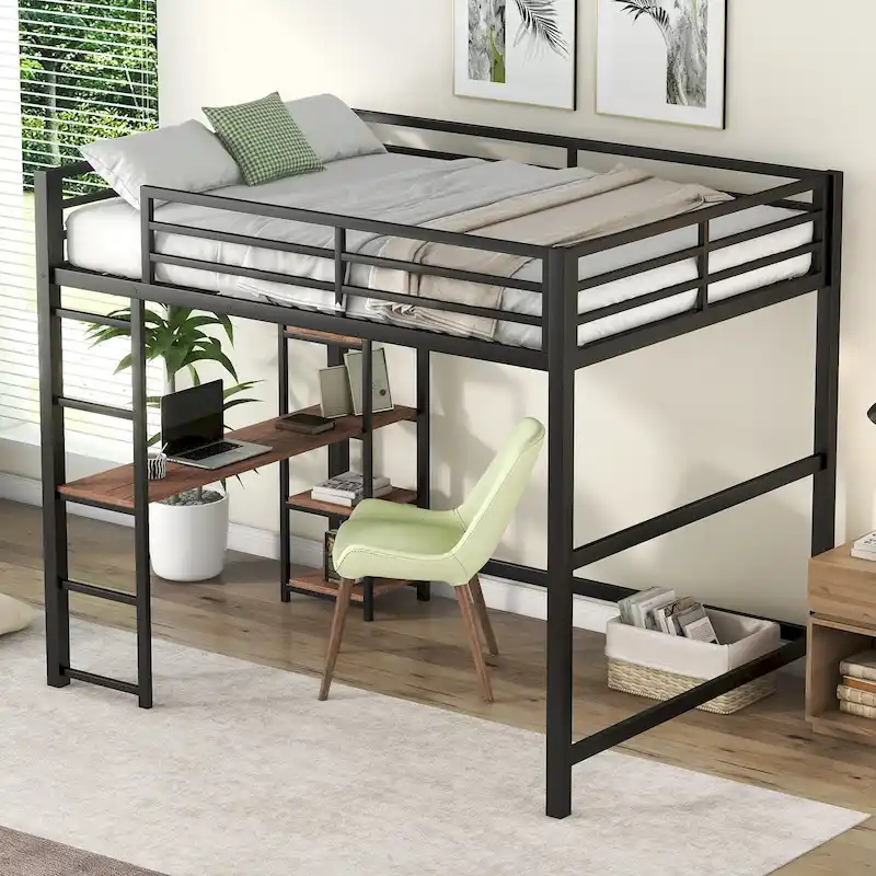 Black Full Size Metal Loft Bed with Built-in Desk & 4-Tier Shelves | 250 lb