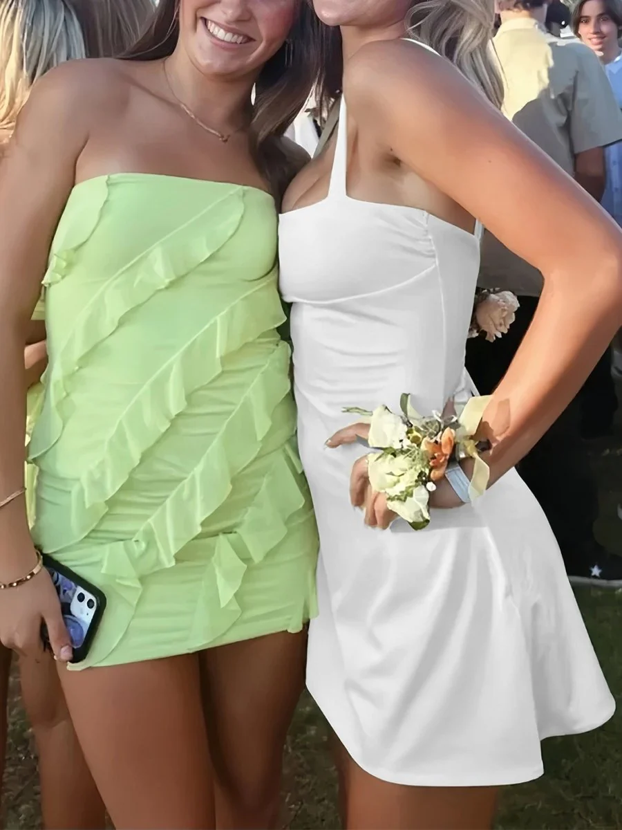 White - Square Neck Sleeveless A Line Short Cocktail Dresses