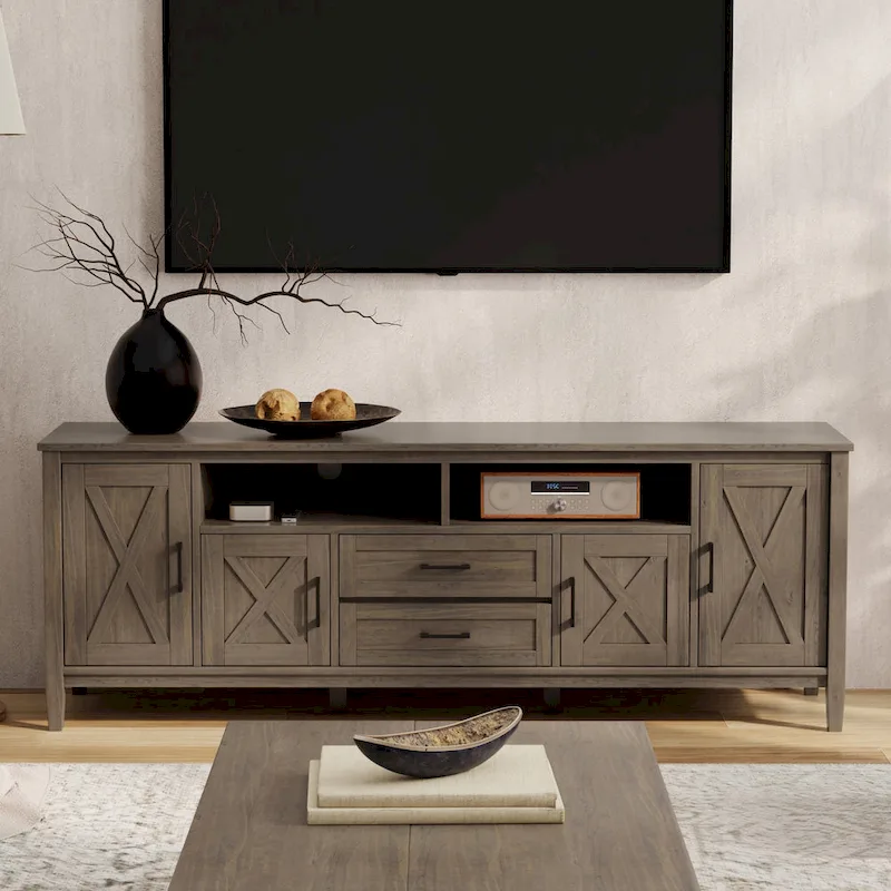 WYNDENHALL Cantina SOLID WOOD 72 inch Wide Transitional TV Media Stand in Smoky Brown For TVs up to 80 inches