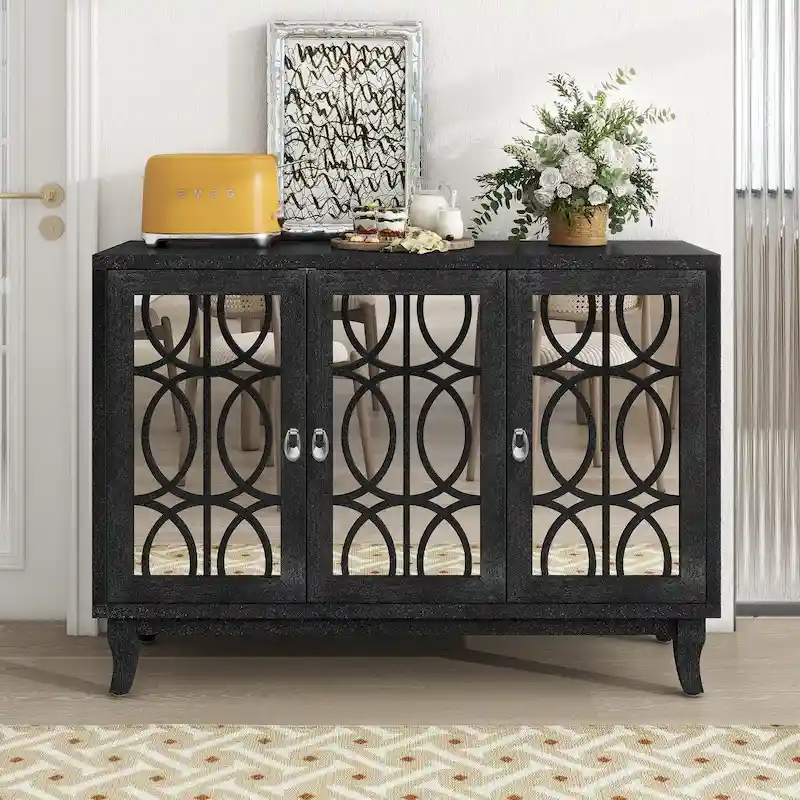 Sideboard with Glass Doors, 3 Door Mirrored Buffet Cabinet with Silver Handle - N/A
