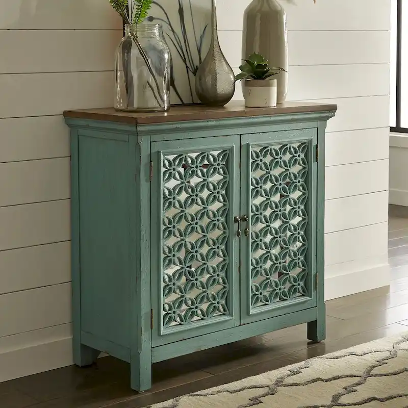 Kensington Turquoise W/ Worn Wood Tone Top 2 Door Accent Cabinet