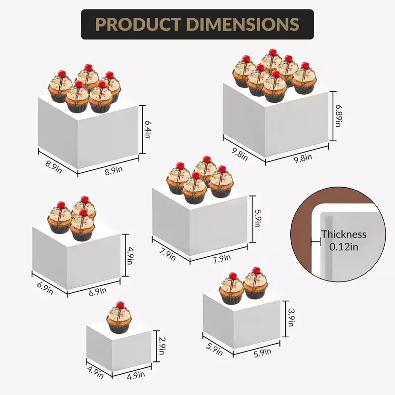 6-Piece White Stackable Display Risers for Desserts  Multi-Sized Food Stands for Bakery, Buffet, and Retail Display (Space-Saving)