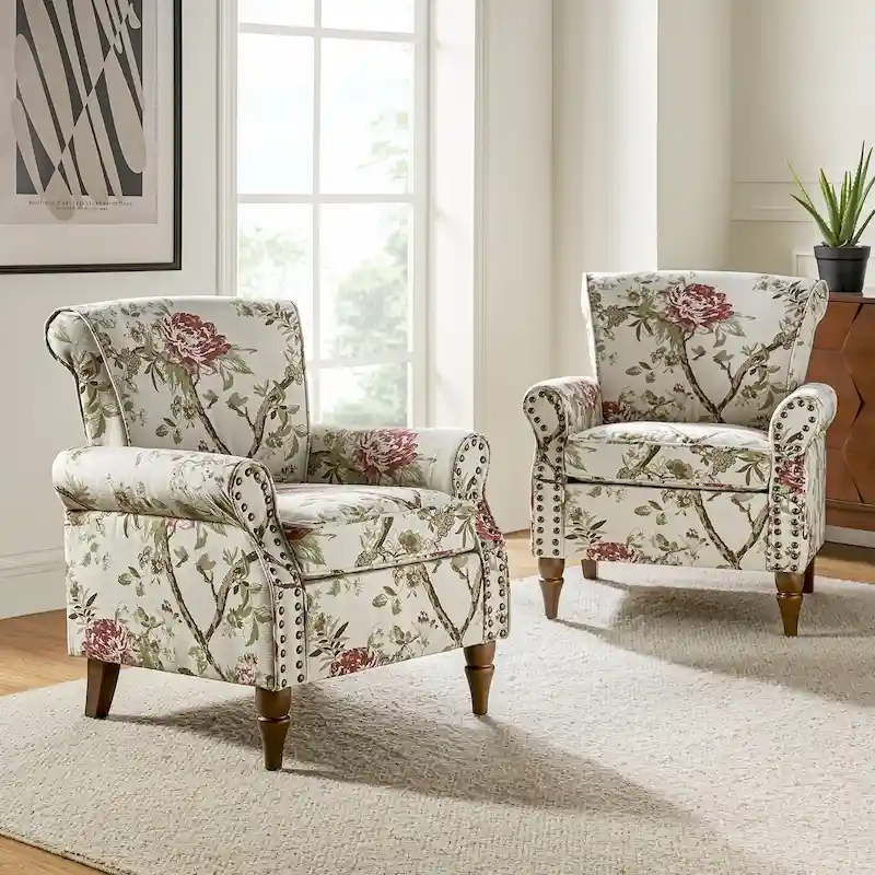 Nyctelius Traditional Polyester Accent Arm Chair with Pattern and Nailhead Trim Set of 2 by HULALA HOME