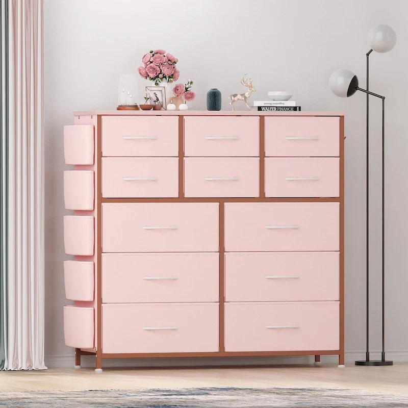 12-Drawer Fabric Dresser with Side Pockets and Hooks