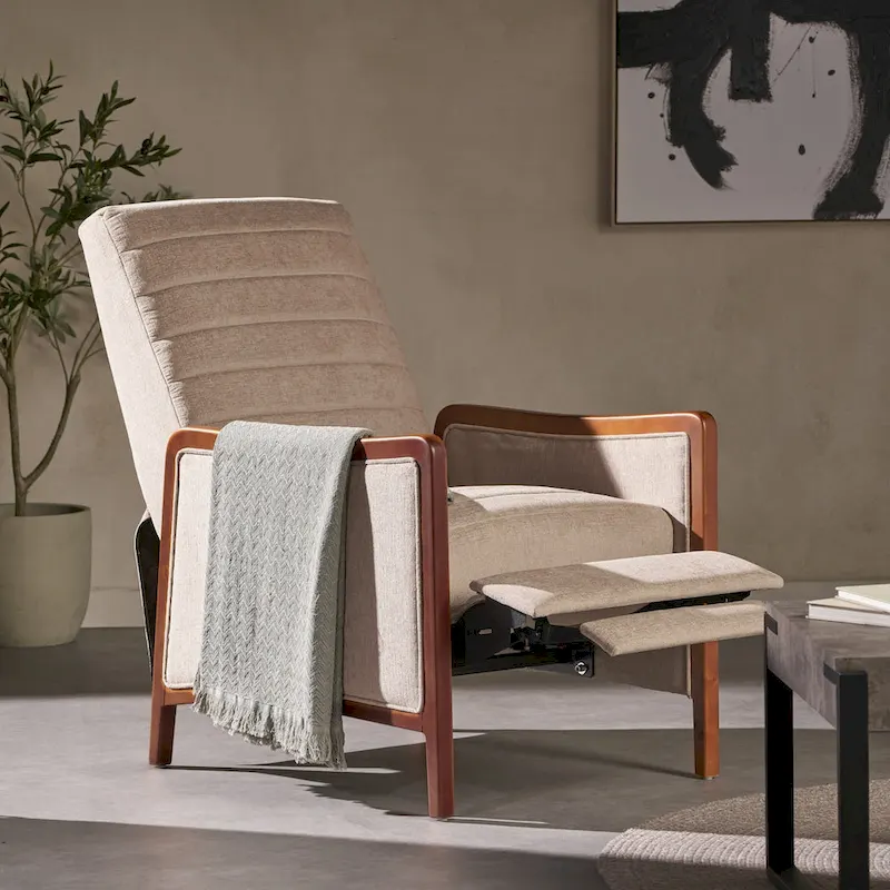 Mid-Century Modern Fabric Pushback Recliner with Wood Frame