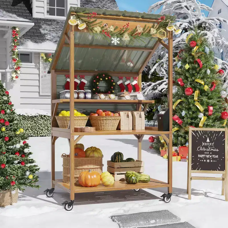 GDLF Farm StandWooden Farmers Market Stand with Metal Roof for Farmhouse Decor, Events & Small Business Display