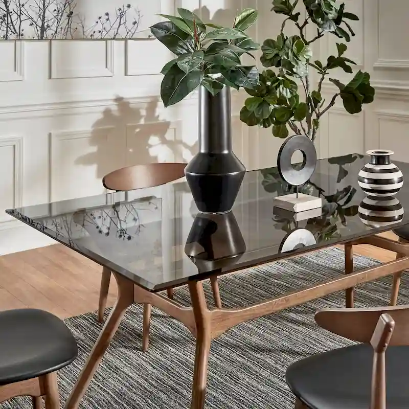 Dark Walnut / Glass / Smoke Glass Mid-Century Rectangular Dining Table with Tapered Legs – Seats 6
