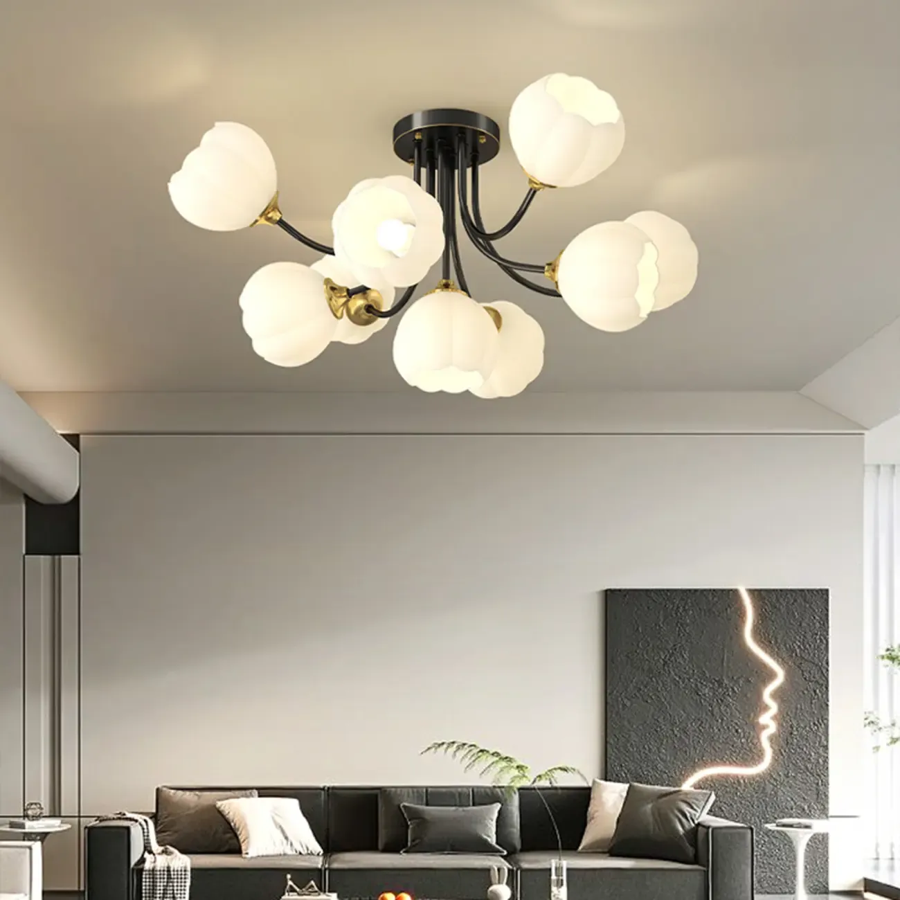 Modern White Glass Floral Shade Metal Semi Flush Ceiling Light