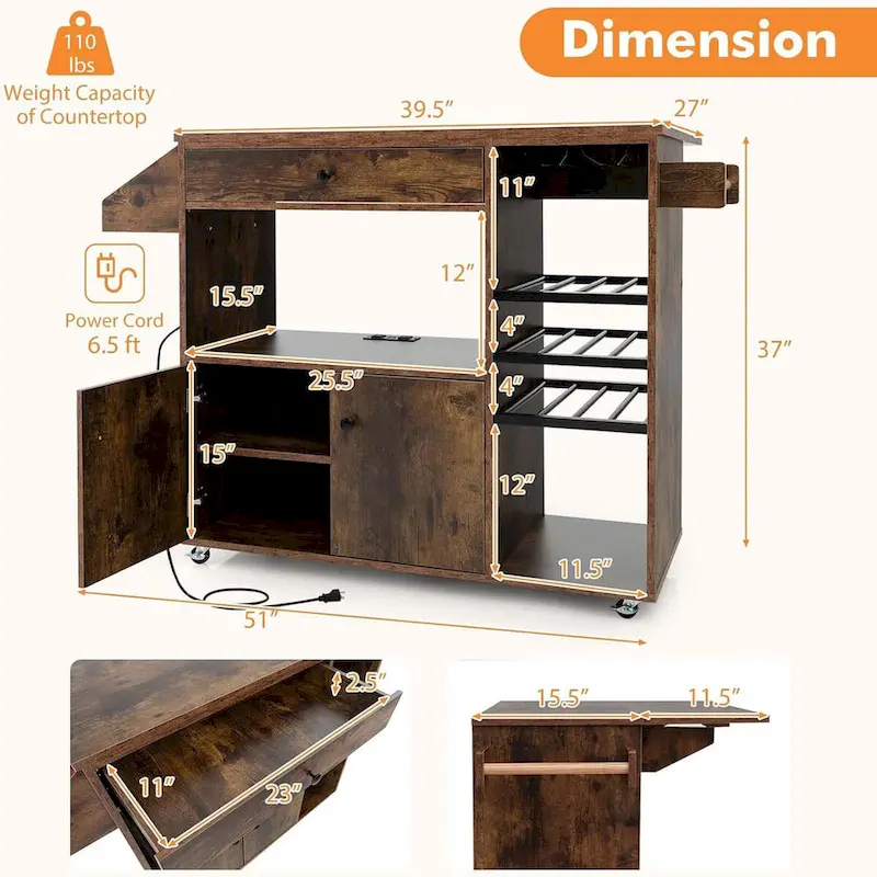 Rolling Kitchen Cart Kitchen Island Cart w/ Drop-Leaf & Power Outlet