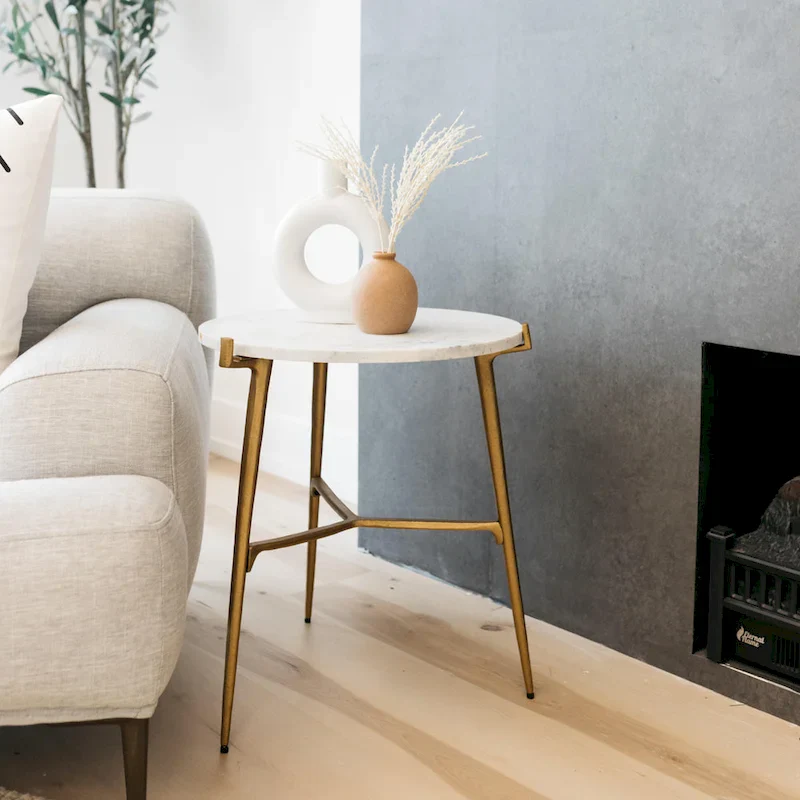 White & Gold Contemporary Glam Accent Table — Marble Top & Goldtone Tripod Base