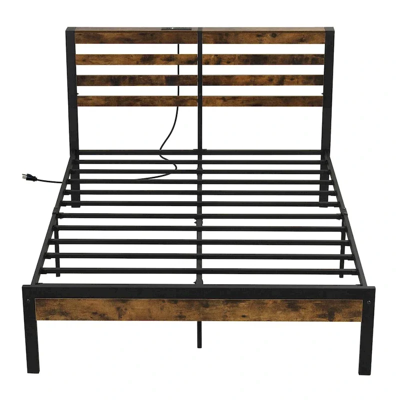Costway Full Industrial Metal Platform Bed Frame Charging Station