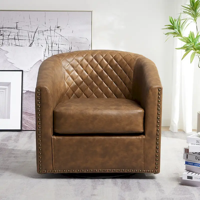 KINWELL 29 Wide Tufted PU Leather Swivel Barrel Chair