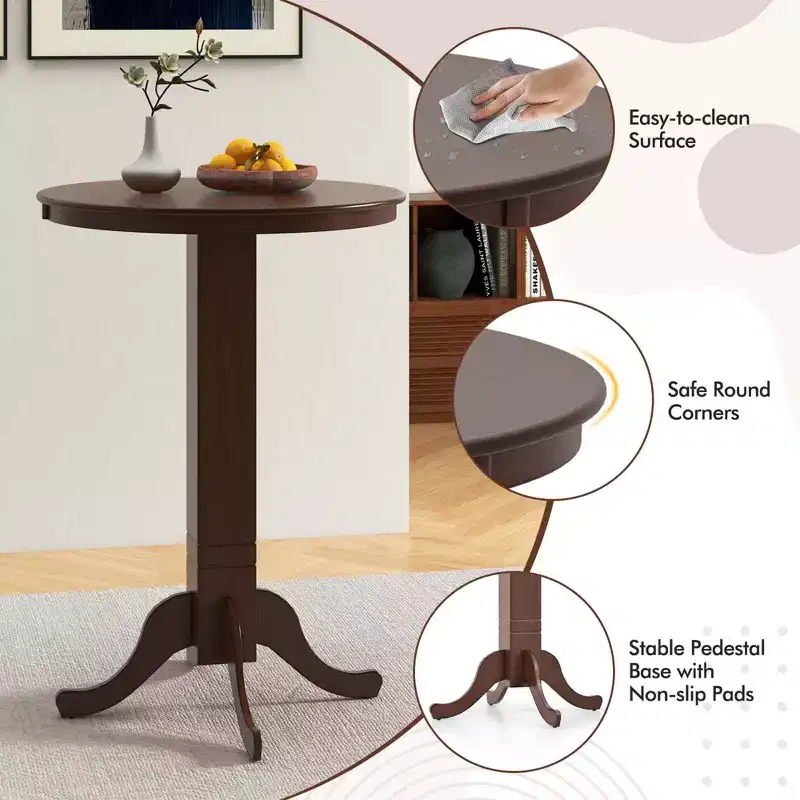 Costway 3 PCS Wood Bar Dining Set Table with Pedestal Base & 2 Upholstered Swivel Stools