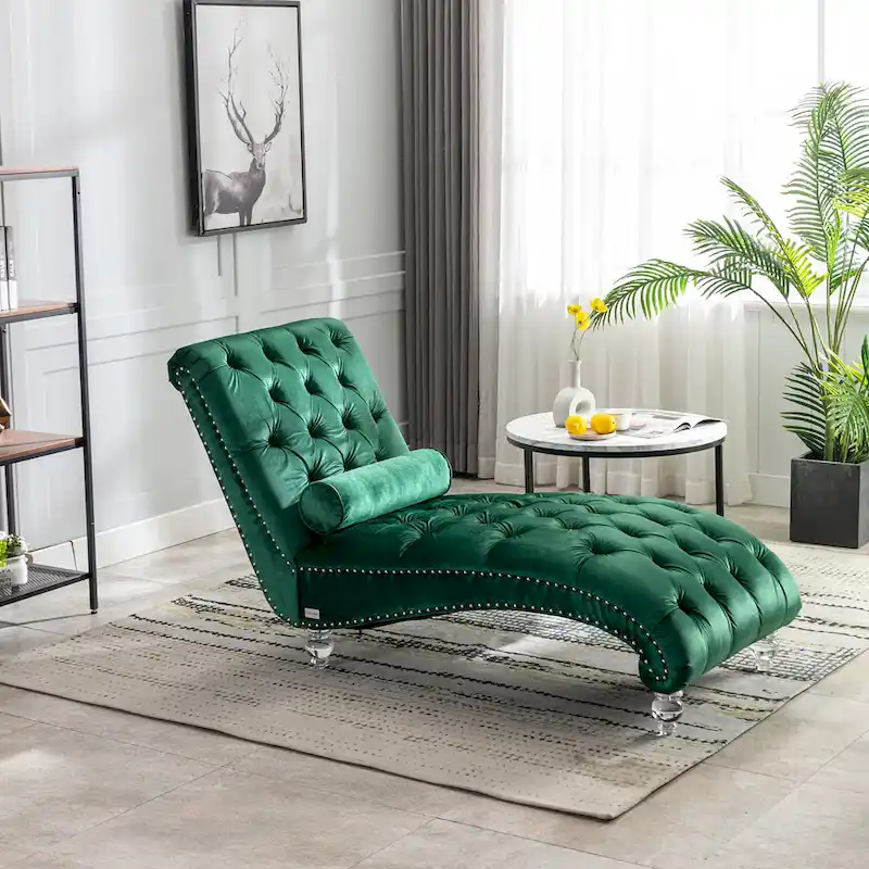Button-Tufted Upholstered Velvet Recliner Chaise with Pillow and Acrylic Feet
