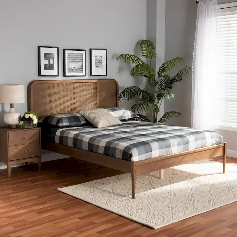 Mid-Century Modern Synthetic Rattan Wood Platform Bed - Walnut