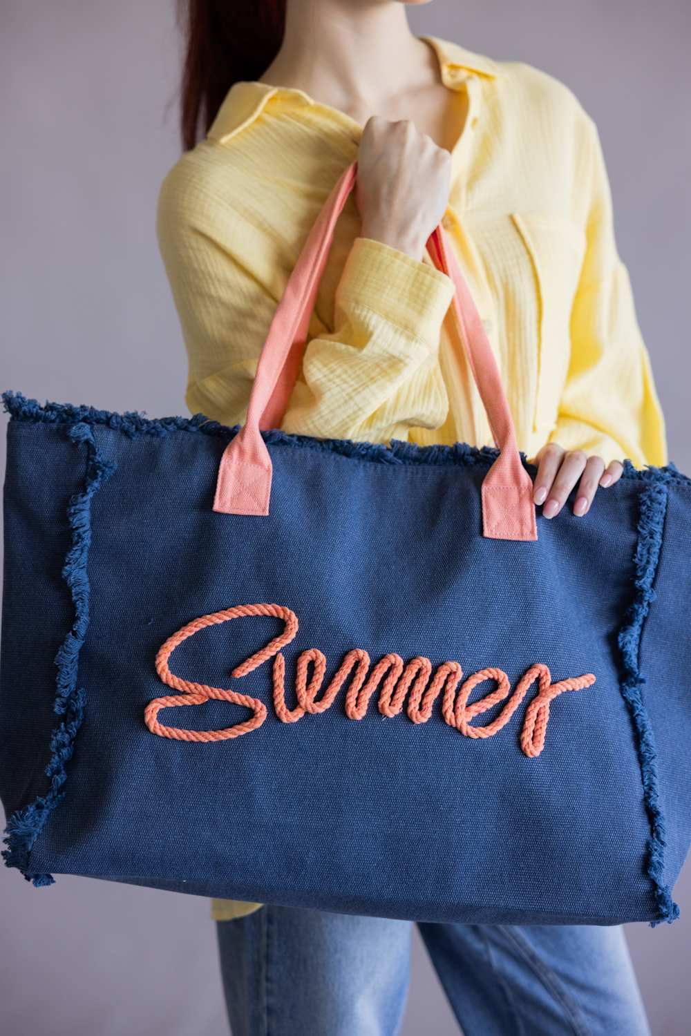 Summer Rope Canvas Tote Bag in Navy/Pink | TB0204-NV