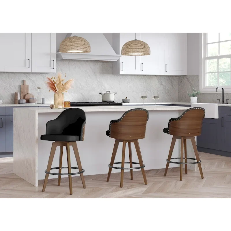 Grey / Cream / Black Mid-Century Modern Counter Stool with Swivel & Faux Leather Seat – Single