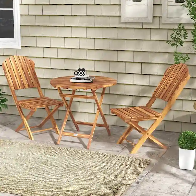 Outsunny 3-Piece Acacia Wood Bistro Set, Foldable Bistro Table and Chairs, Outdoor Bistro Set for Garden, Backyard, Balcony