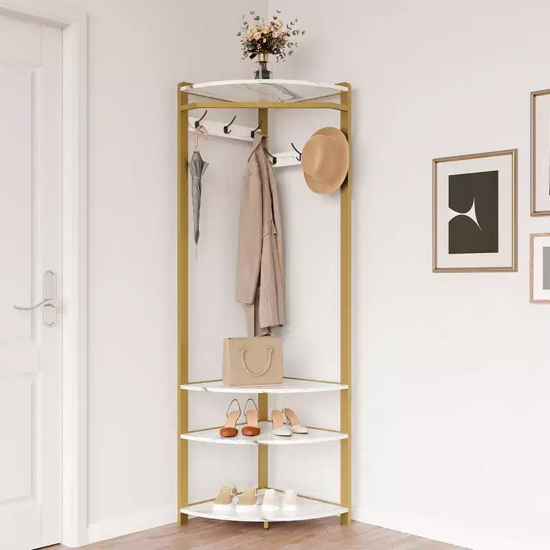 CuisinSmart Corner Coat Rack, Corner Hall Tree with Shoe Bench Shelf & 6 Double Hooks for Entryway, Hallway, Bathroom, Closet