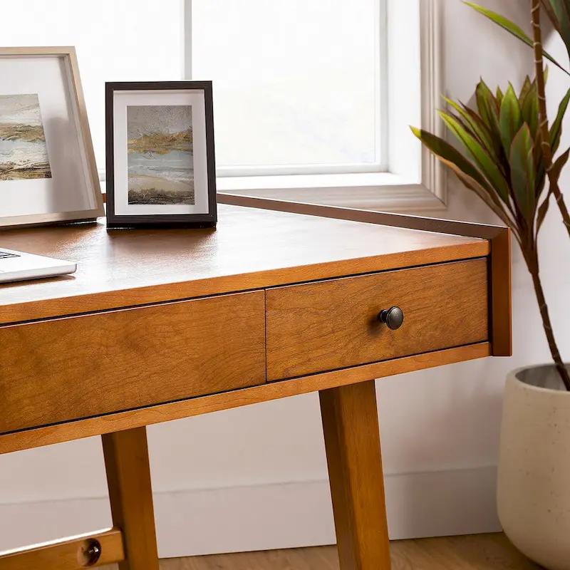 Walnut Mid-Century Office Desk with 3 Drawers and Charging Station