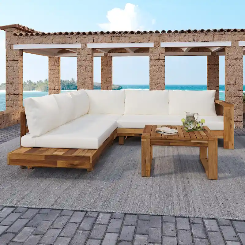 L-shape Sectional Sofa Set Patio Couch Set with Table, Wooden Lounge Chaise Sofa Outdoor 4-piece Conversation Sets