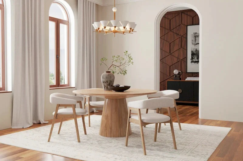 Round Solid Wood Dining Table | Mid-Century Modern | Single Pedestal | Malaysian Hardwood | Seats 4-6