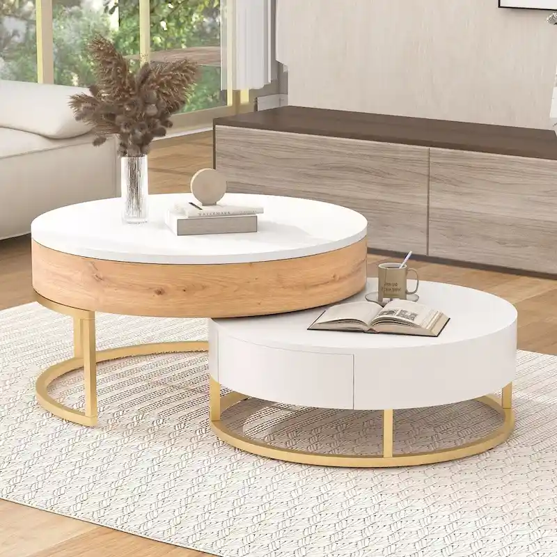 Modern Round Lift-top Nesting Coffee Tables with 2 Drawers