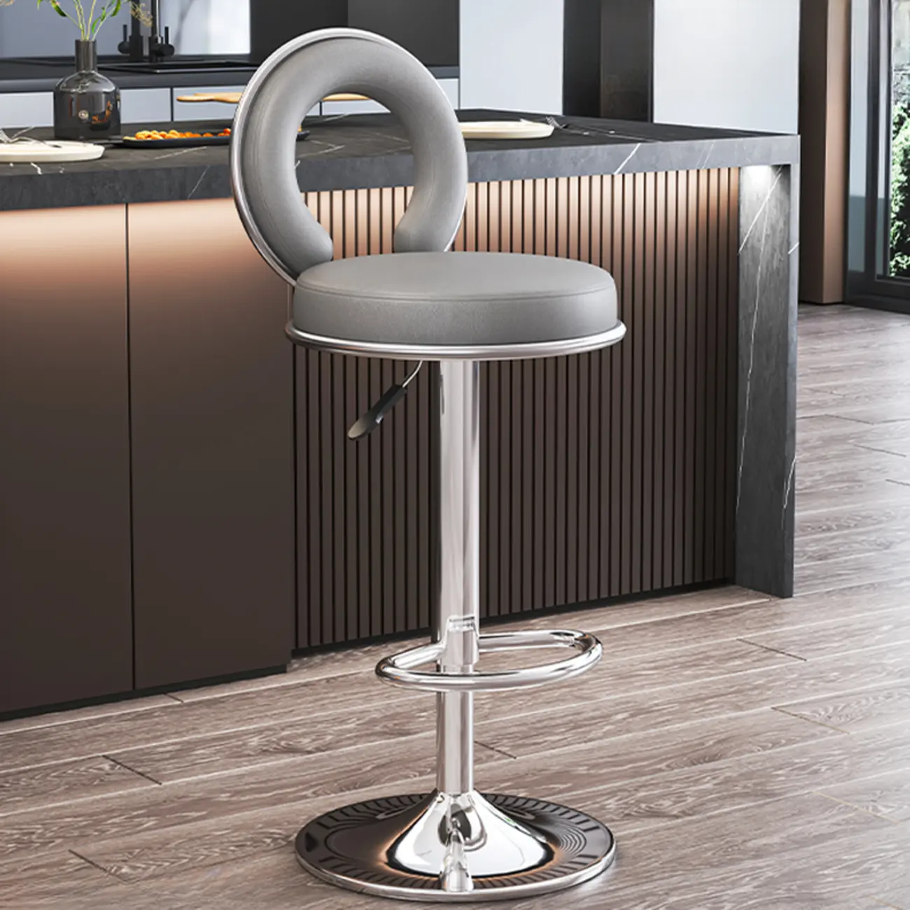 Glam Round Adjustable Leather Swivel Bar Stool with Back