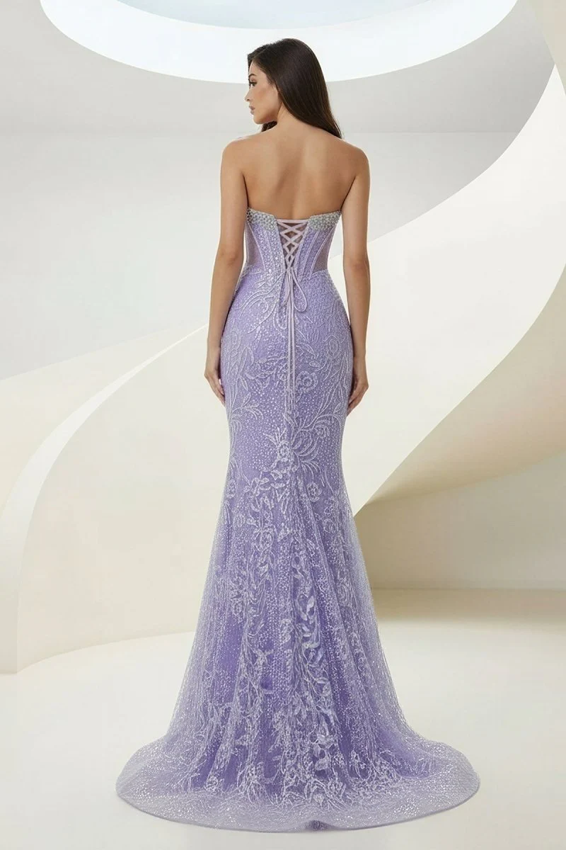 Lilac Strapless Mermaid Sequined Lace Formal Prom Dresses With Beading