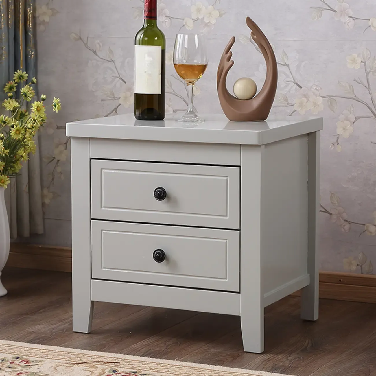 Antique 2 Tiers Drawer Wooden Grey Nightstand