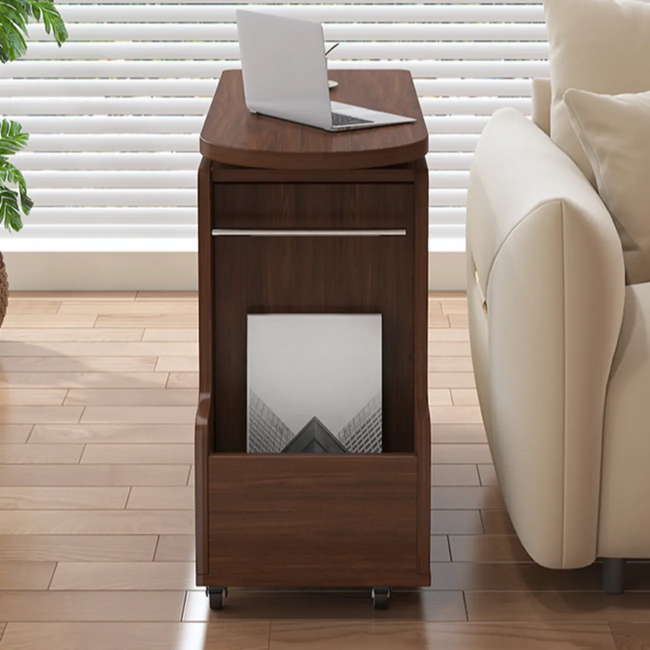 Versatile Modern Brown Half-circle Wheeled Side Table