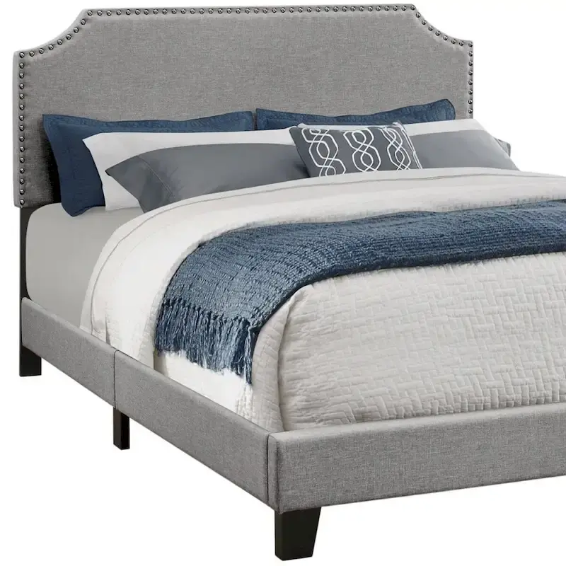 Grey Polyester Upholstered Queen Bed Frame with Headboard and Nailhead Trim
