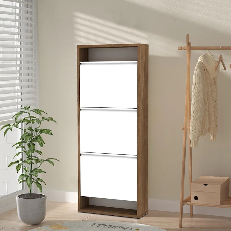White Freestanding 3-Drawer Shoe Cabinet, Walnut, Holds 6 Pairs