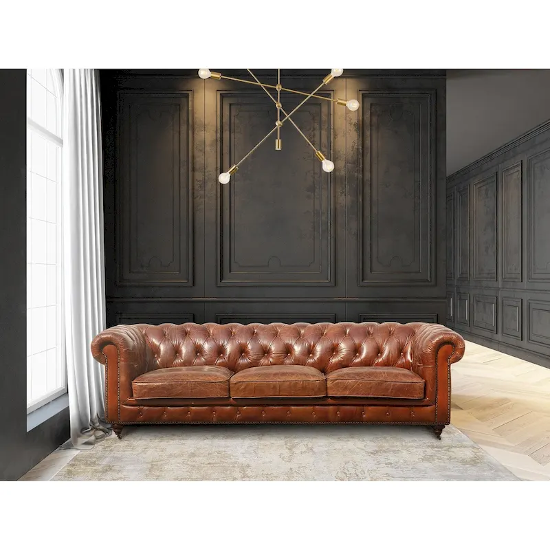 Chesterfield Tufted Sofa, Brown - 28.7 H x 97.2 W x 39 D