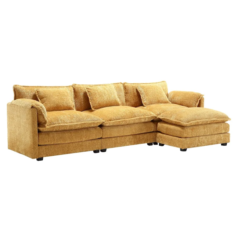 Yellow 112.2 L-Shaped 4-Seat Sectional Sofa in Modern Boucle Fabric with Removable Cushions and Detachable Armrests