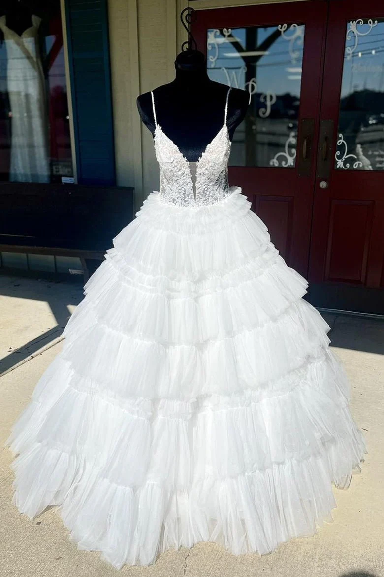 Black Beaded Spaghetti Strap Ruffle Tiered Ball Gown