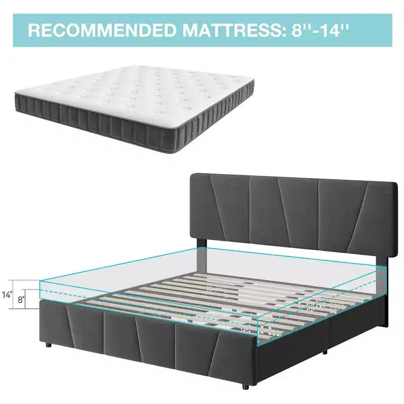 Upholstered Platform Bed Frame with Adjustable Headboard & Storage Drawers, Wood Slats, No Box Spring Needed, Modern Bedroom