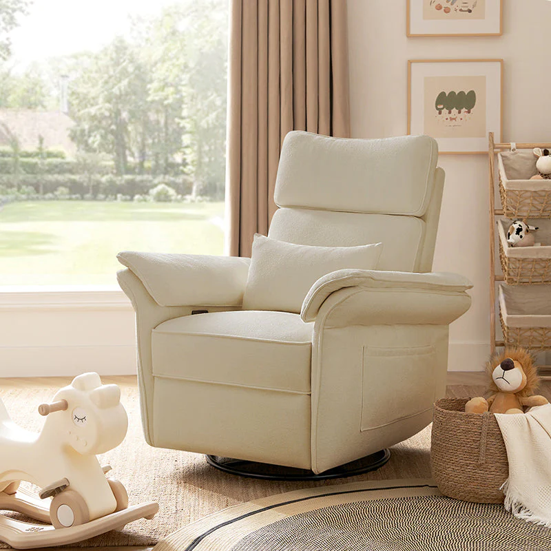 Electric Nursery Power Glider with Adjustable Armrests & Headrest, Removable Lumbar Pillow, Synchronized Footrest & USB Port | Beige / White / Grey / Navy / Blue / Oatmeal / Moss / Rose | Single Seat